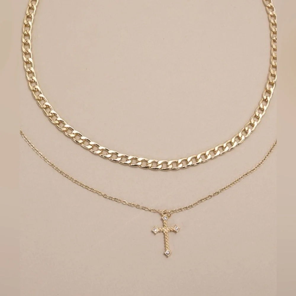 DOUBLE LAYER CROSS CHARM PENDANT NECKLACE gold plated set